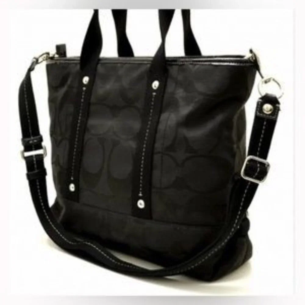 Like New Coach Poppy Black Daisy Laptop Signature C's Shoulder Bag Purse